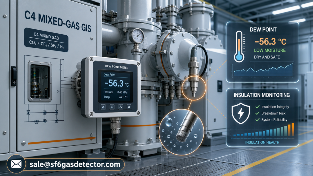 C4 mixed-gas GIS equipment with dew point and insulation monitoring sensors in a high-voltage substation