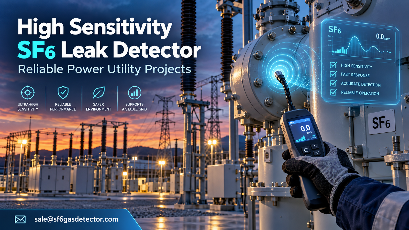 Technician uses an SF6 leak detector to inspect equipment at an industrial power substation.