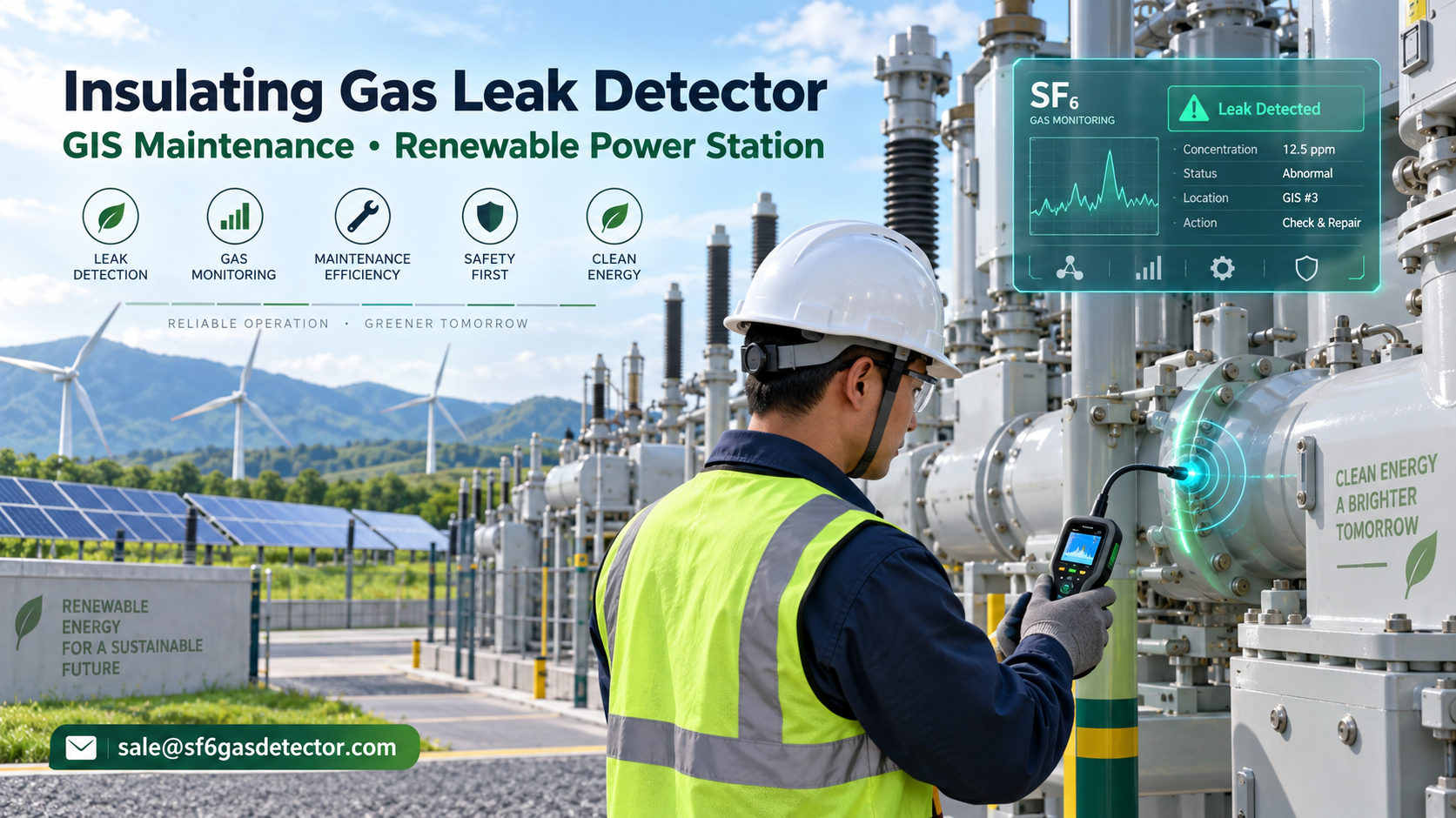 Worker checks GIS equipment with a gas leak detector at a renewable power station with wind turbines and solar panels.