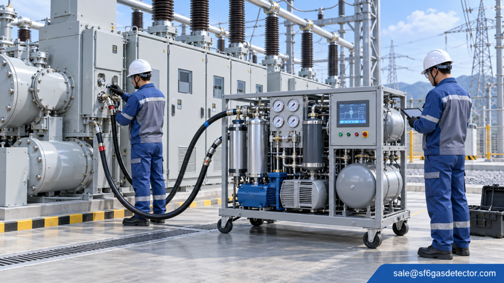 Technicians inspect high-voltage switchgear at an industrial power substation.