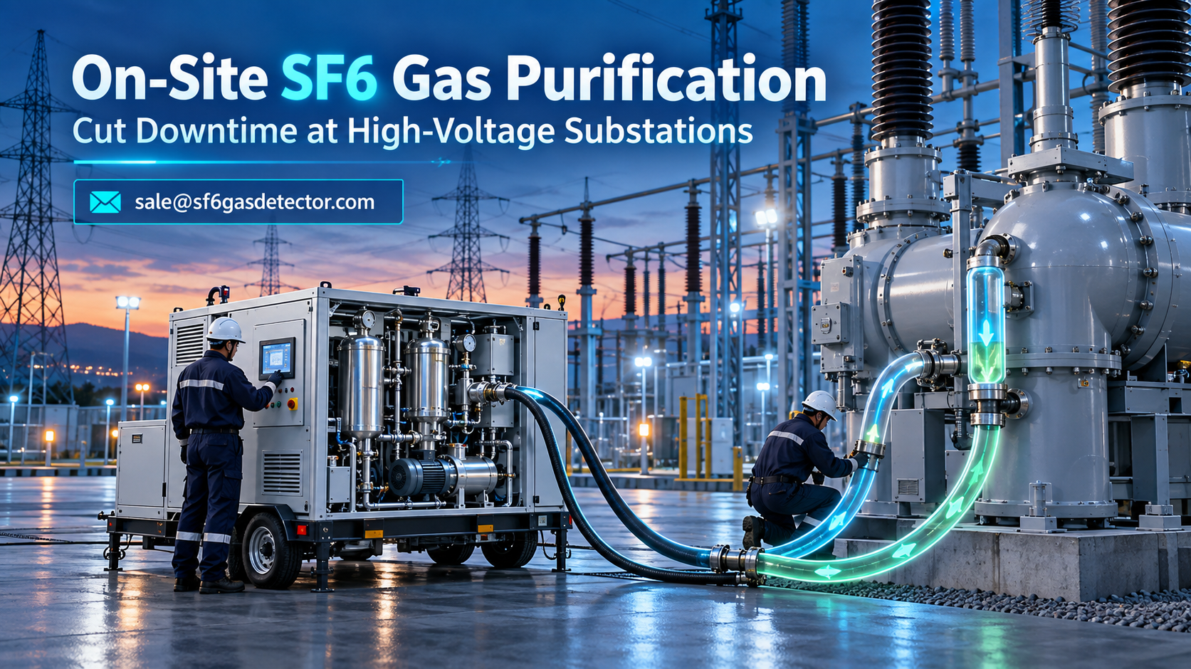 SF6 gas purification equipment operating beside high-voltage substation switchgear on site
