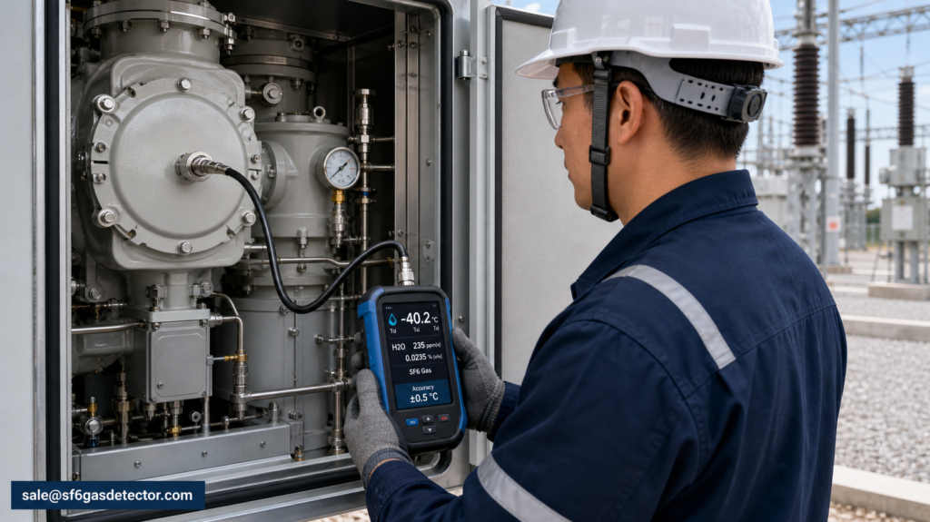 Technician uses a portable SF6 humidity meter for circuit breaker maintenance at a power substation.