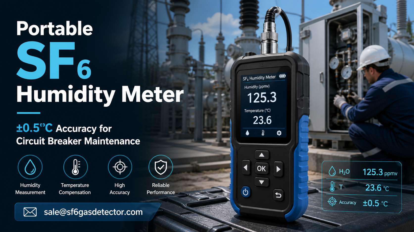 Portable SF6 humidity meter measuring gas moisture for circuit breaker maintenance in an industrial facility