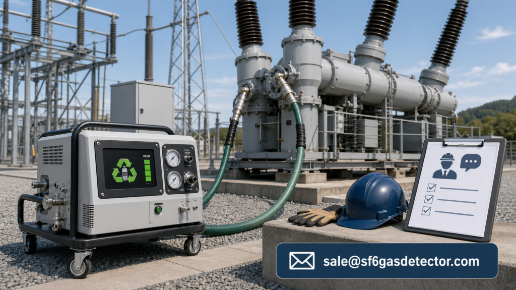 Portable SF6 gas detector monitors high-voltage switchgear at an electrical substation.