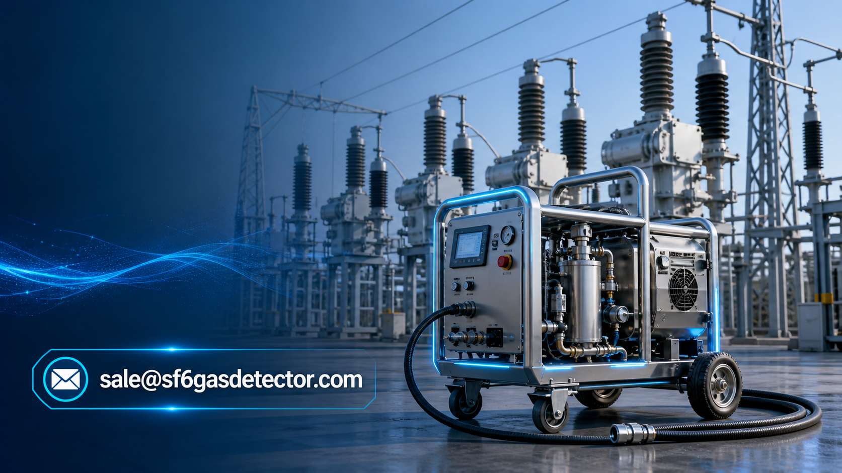 Portable SF6 gas leak detector at an electrical substation with request-a-quote contact details.