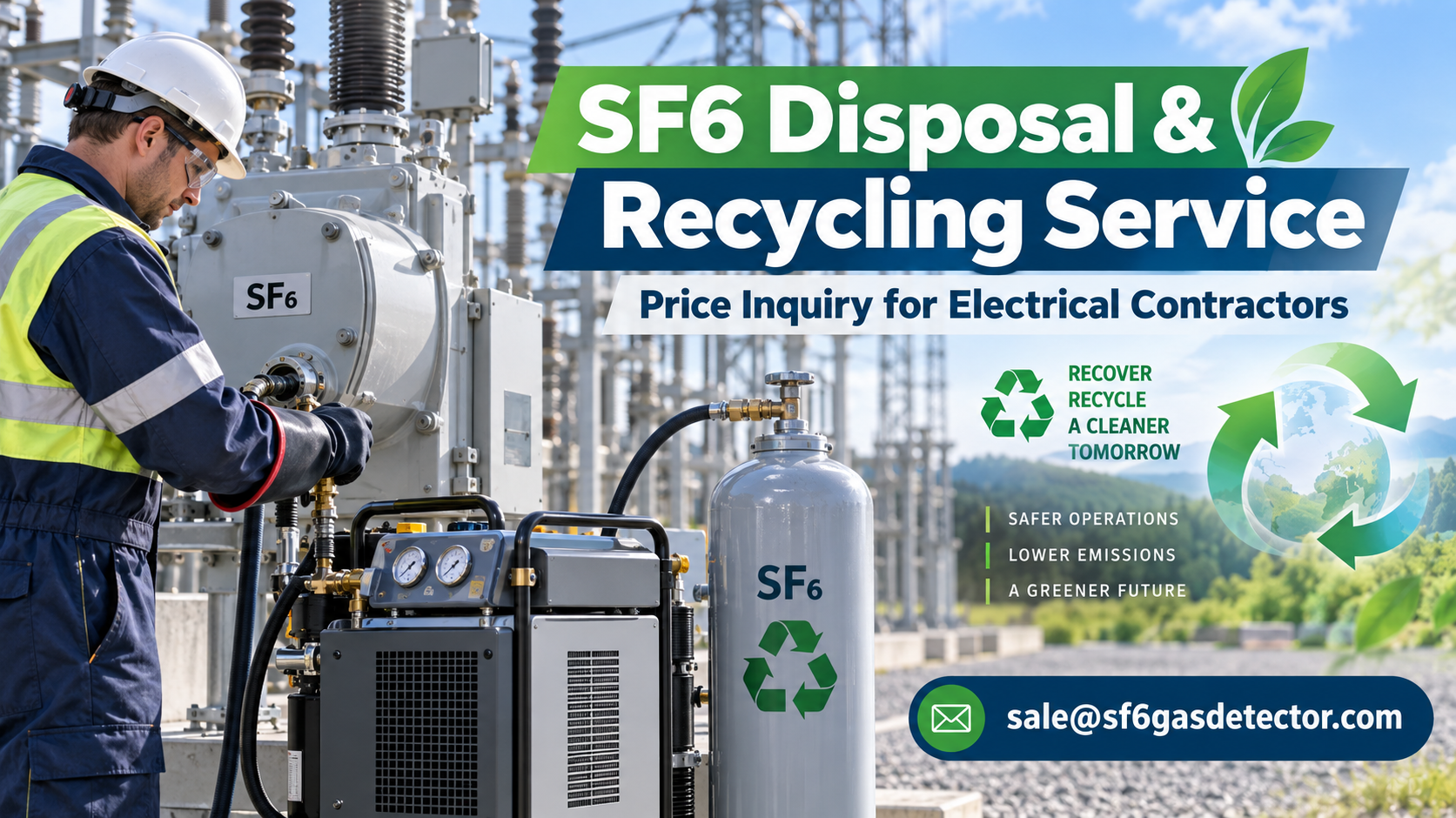 Electrical contractor safely handling SF6 gas recycling equipment for environmentally responsible disposal