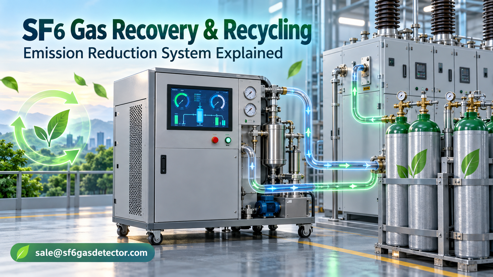 Industrial SF6 gas recovery and recycling equipment used to reduce emissions in a facility.