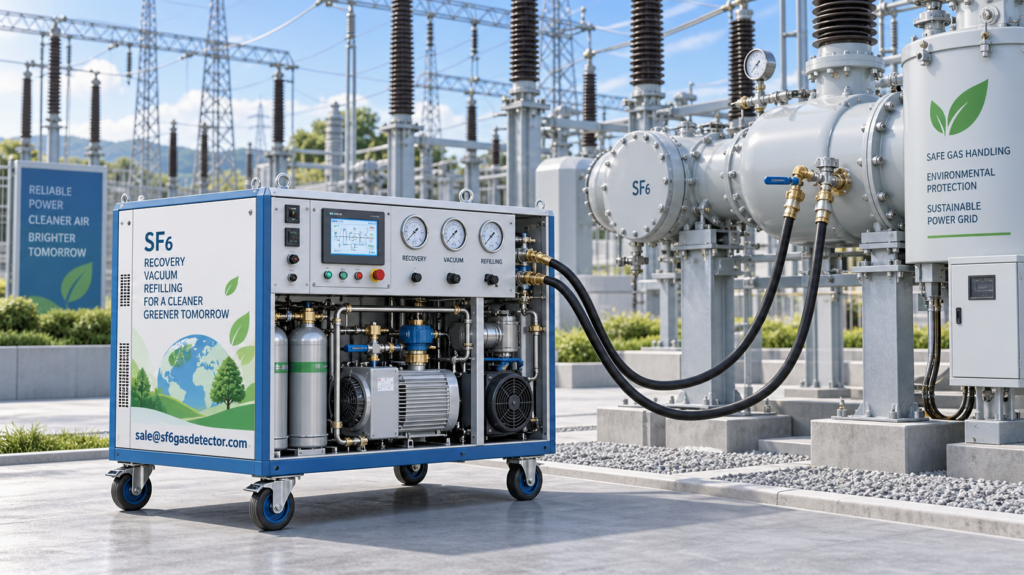 Portable SF6 gas recovery, vacuum, and refilling unit at an electrical substation.