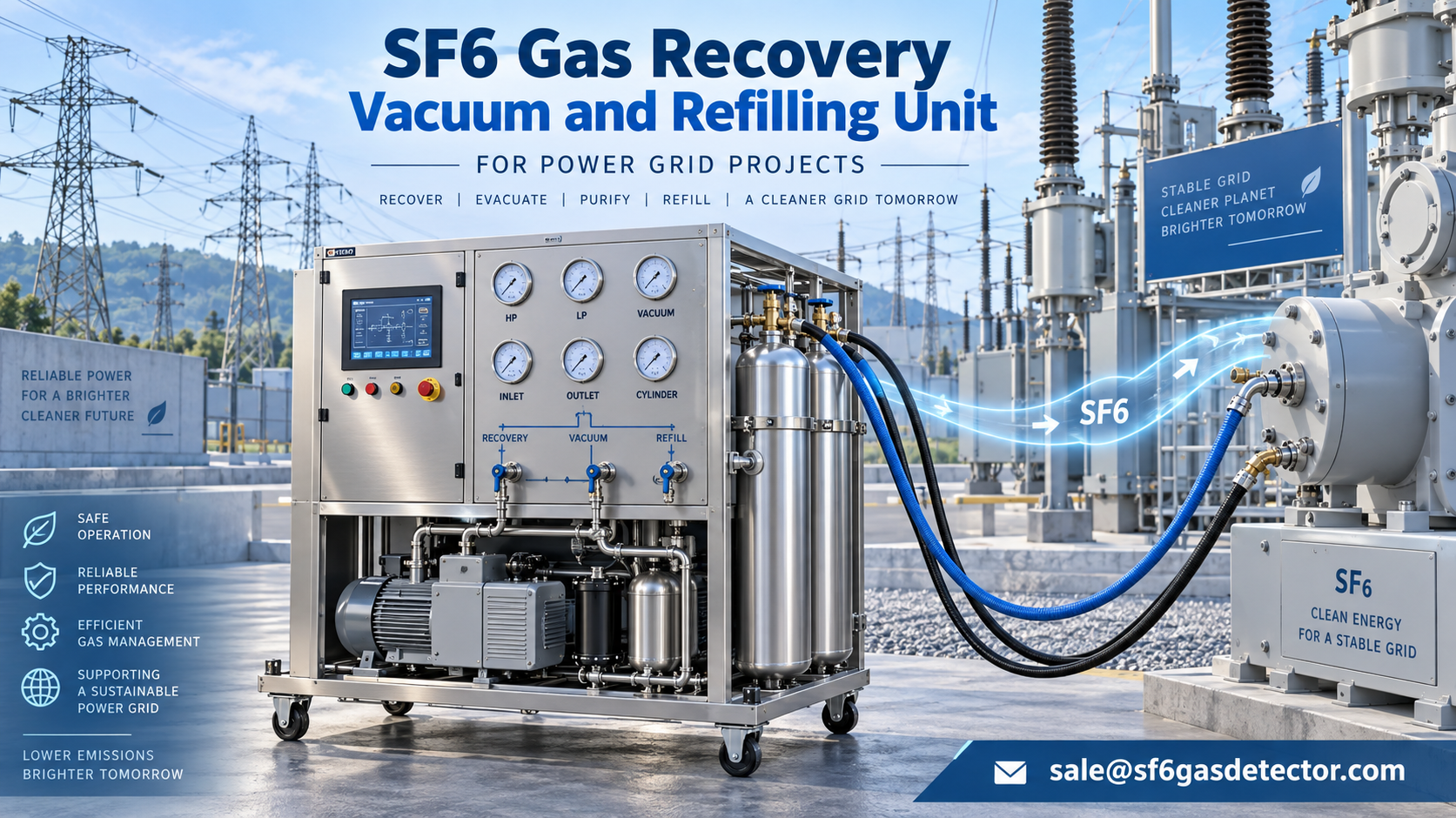 SF6 gas recovery, vacuum, and refilling unit for power grid maintenance applications