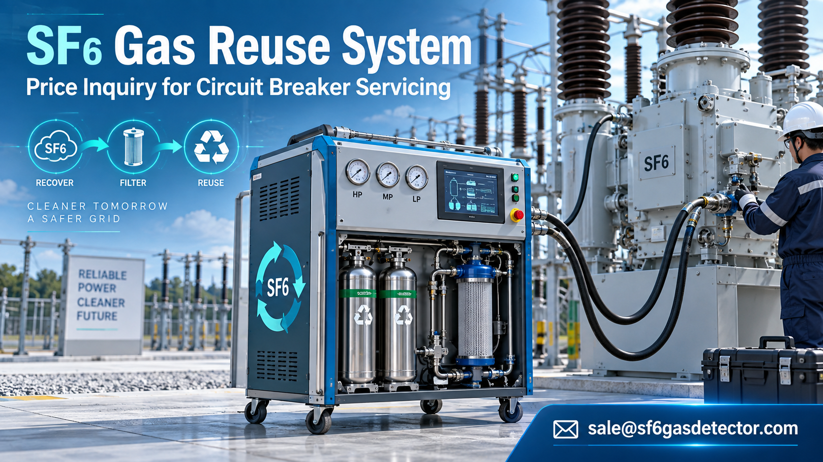 SF6 gas reuse system servicing a circuit breaker in an electrical substation.