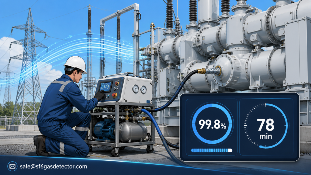 Engineer inspects high-voltage substation equipment beside display showing 99.8% SF6 recovery in 78 minutes.