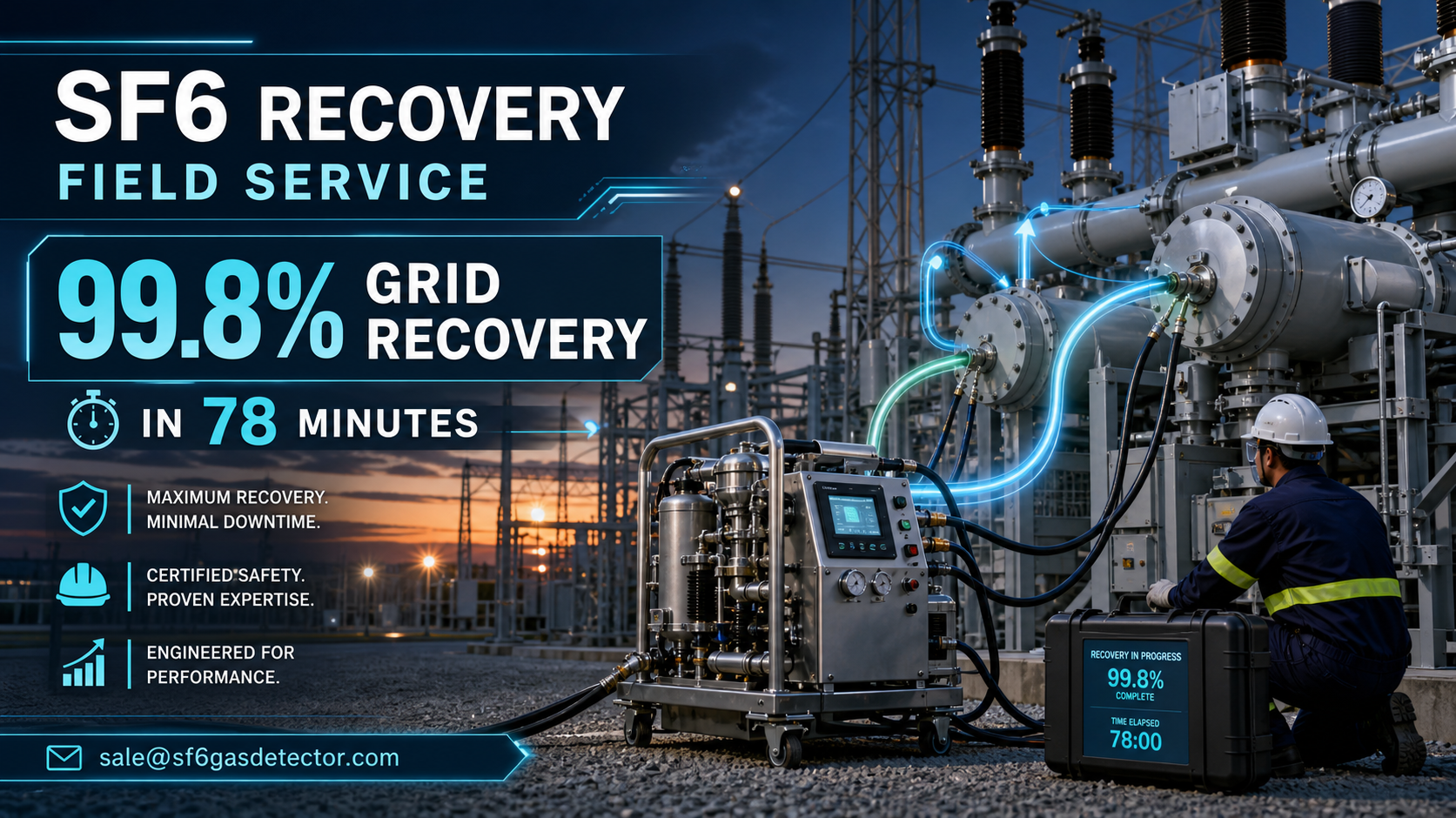 Technician operates SF6 gas recovery equipment at a power grid facility.