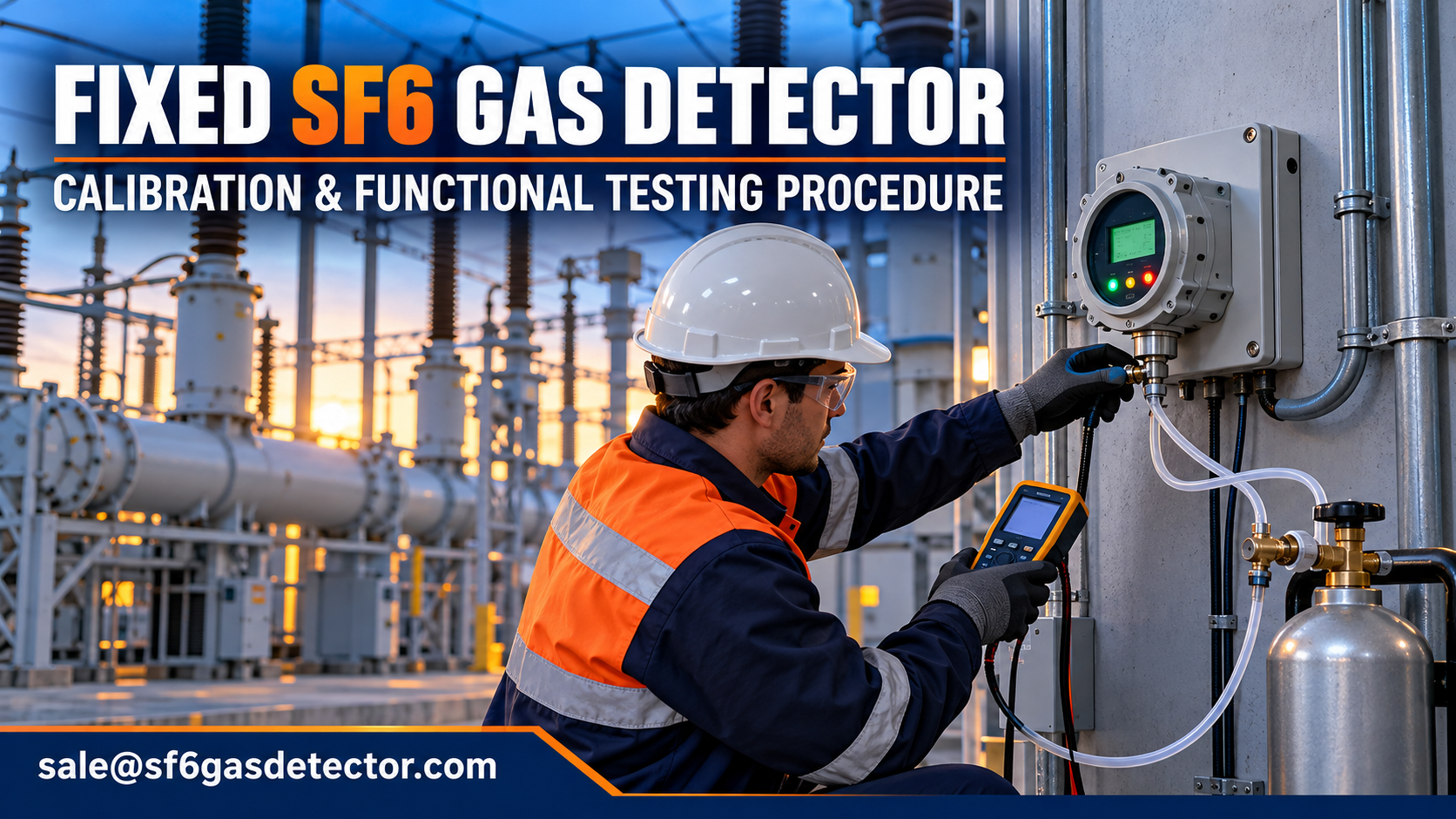 Technician calibrates a fixed SF6 gas detector at an industrial facility.