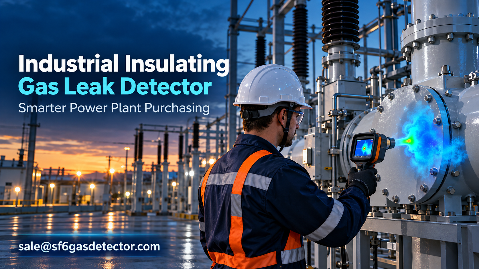 Industrial worker using a gas leak detector beside electrical equipment at a power plant.
