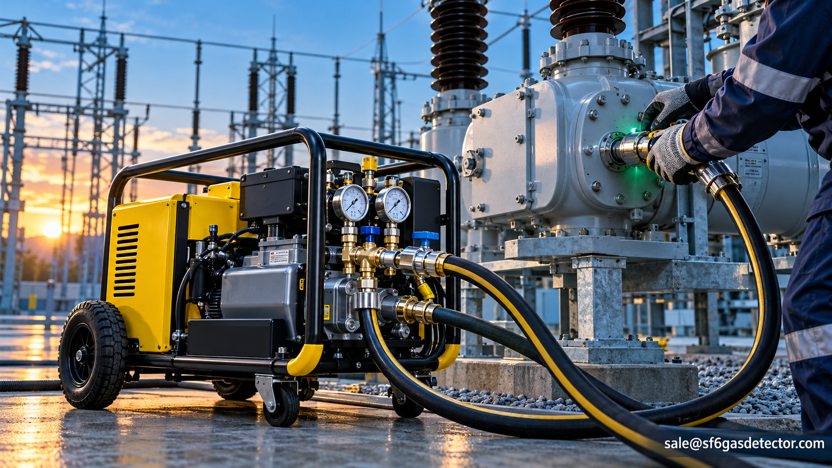 Portable generator powering electrical substation maintenance at sunset