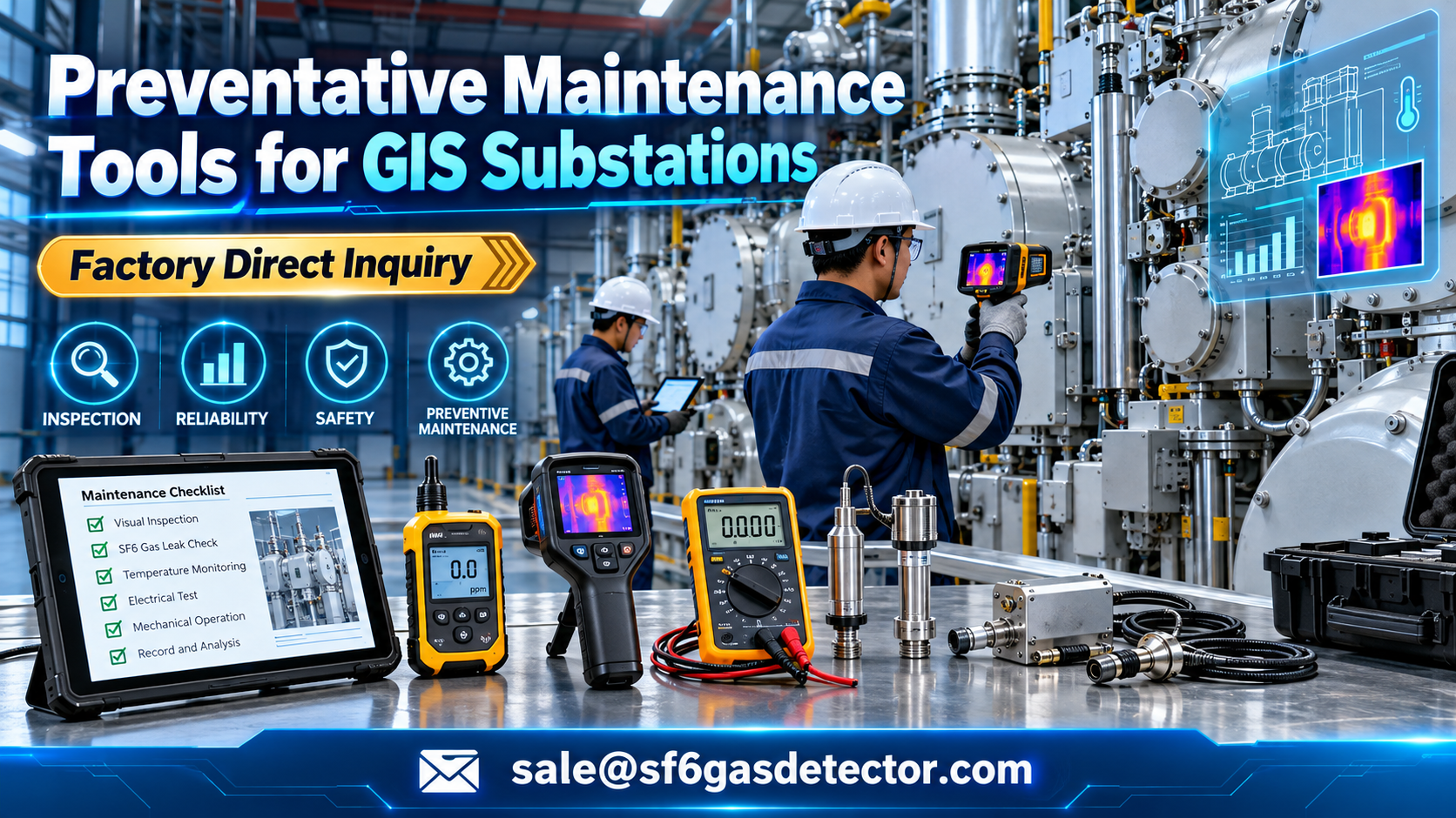 Technician inspects GIS substation equipment with preventative maintenance diagnostic tools in an industrial facility.