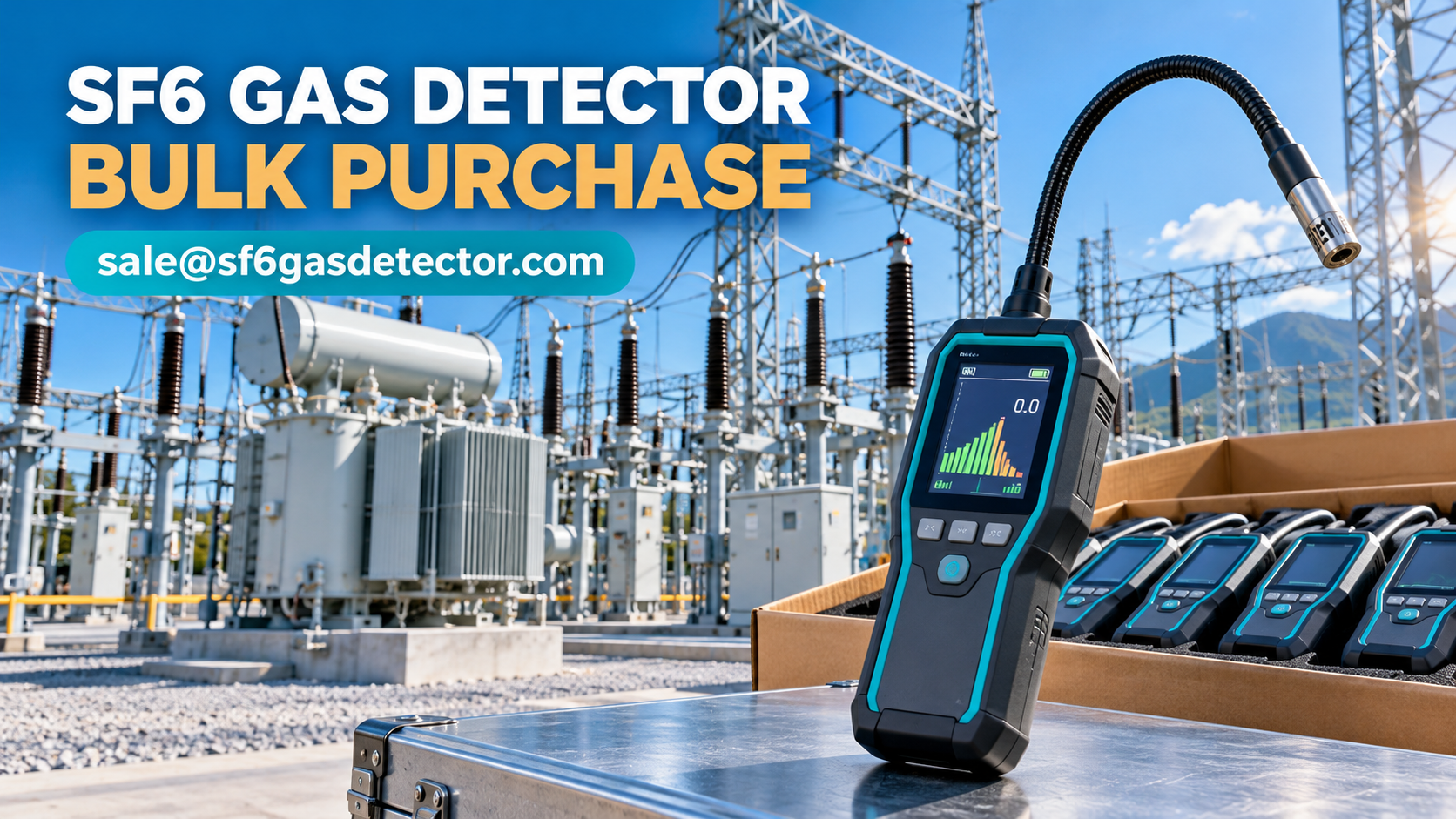 Handheld SF6 gas detectors for bulk purchase displayed at an electrical substation.