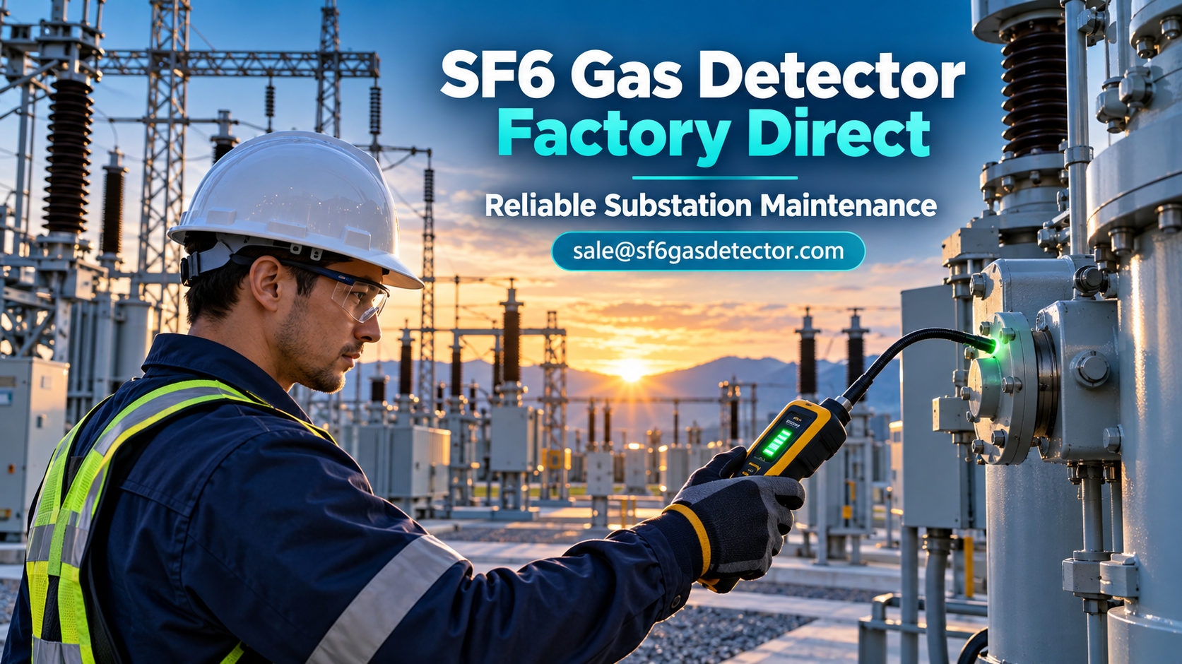 Technician uses an SF6 gas detector to check equipment for leaks at an electrical substation.