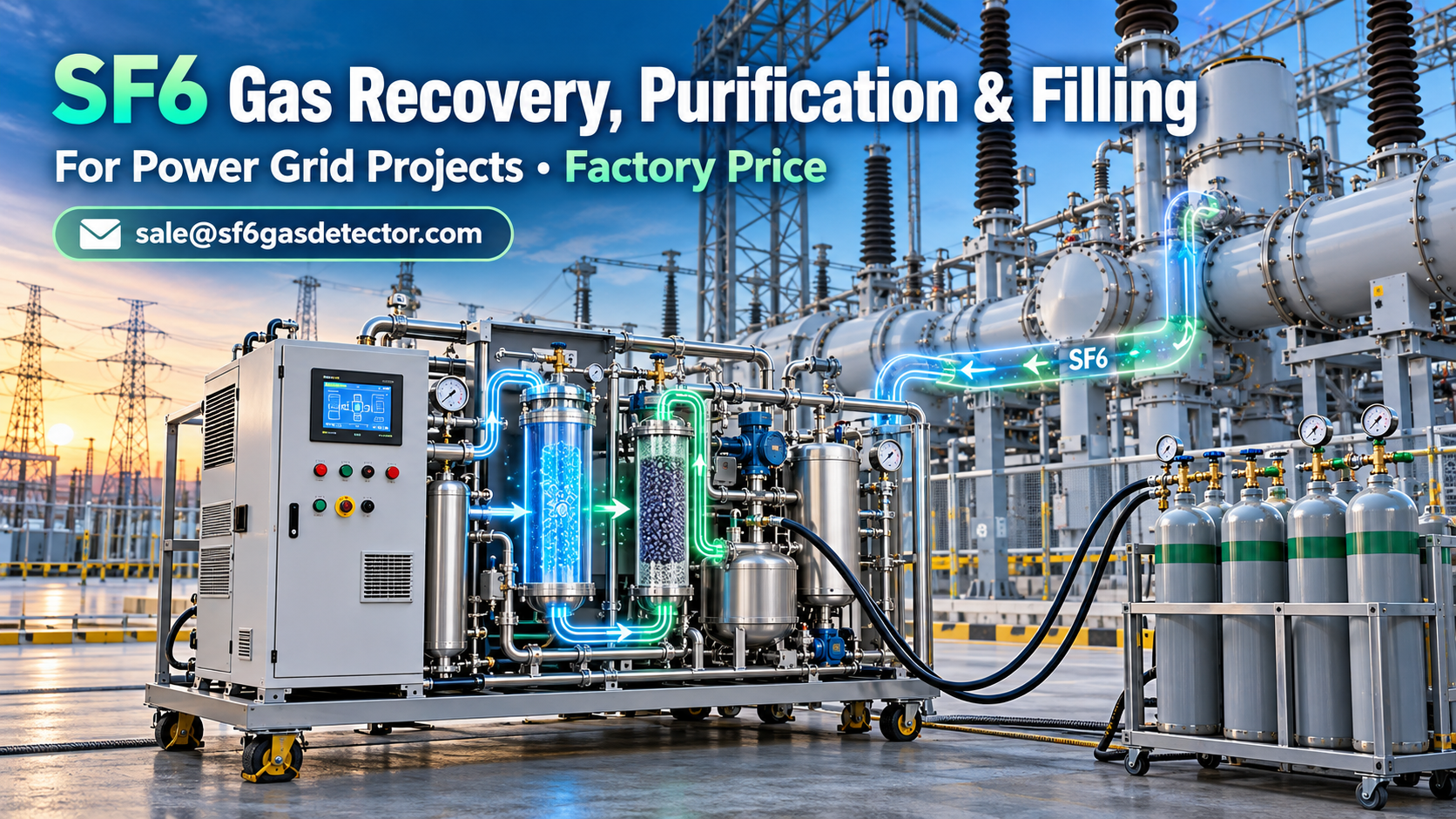 SF6 gas recovery, purification and filling equipment installed for a power grid substation project