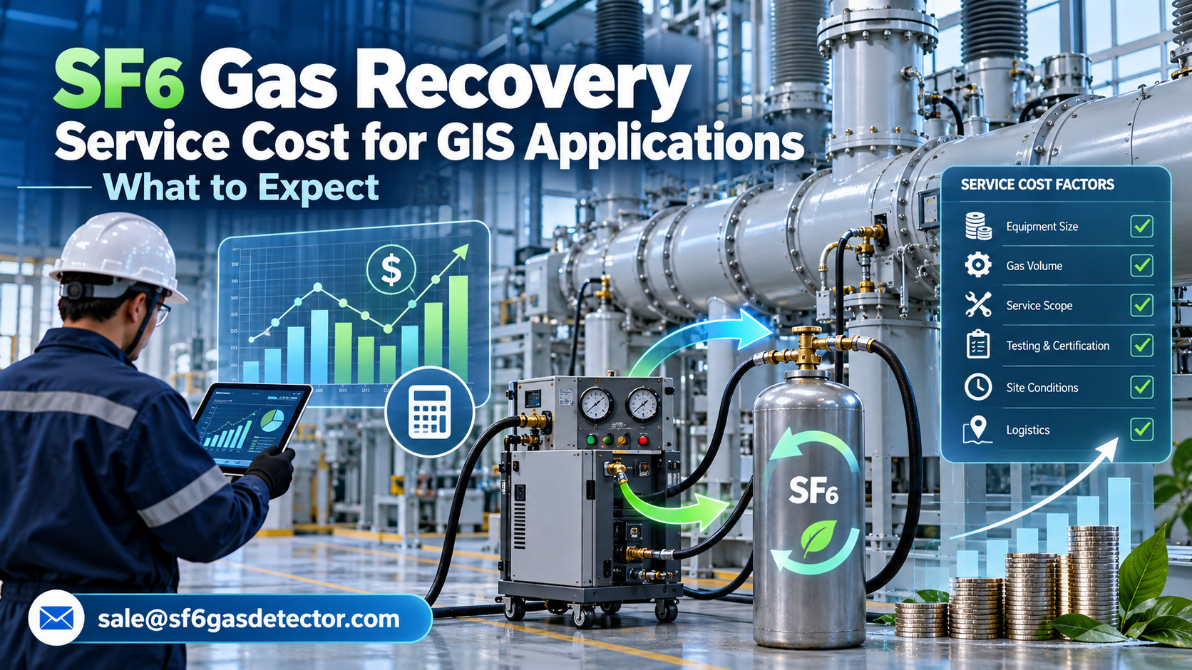 SF6 gas recovery equipment servicing GIS units in an industrial electrical substation