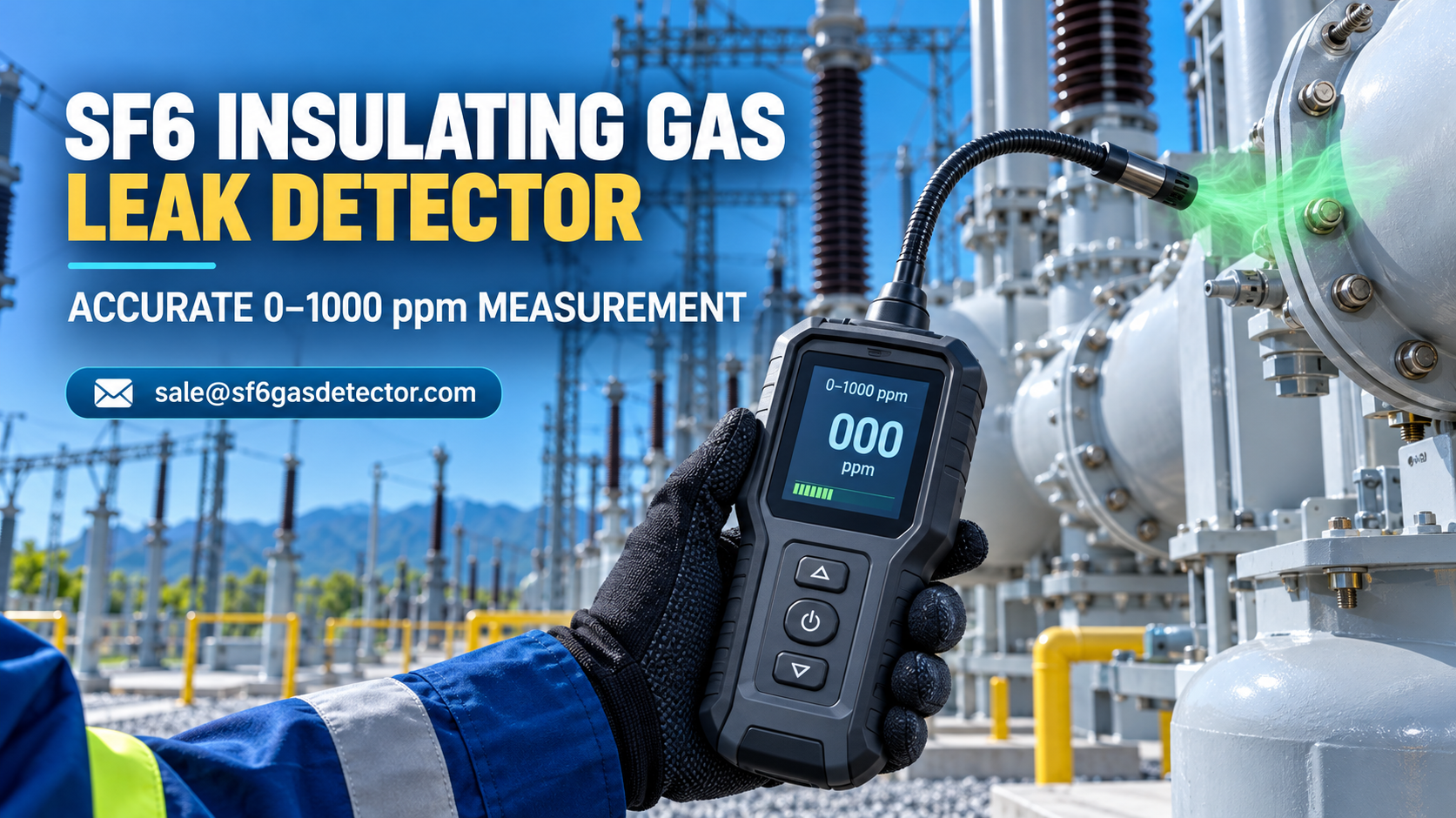 SF6 gas leak detector measuring 0–1000 ppm at an electrical substation
