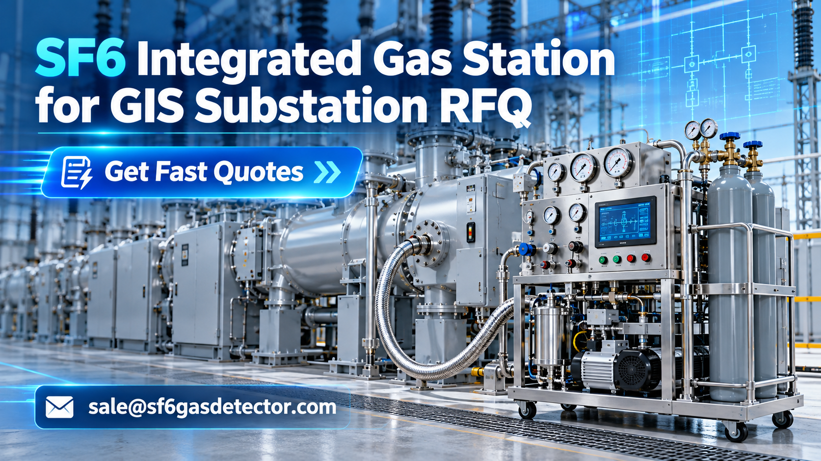 SF6 gas handling station with storage tanks, hoses, and control panel for GIS substation applications