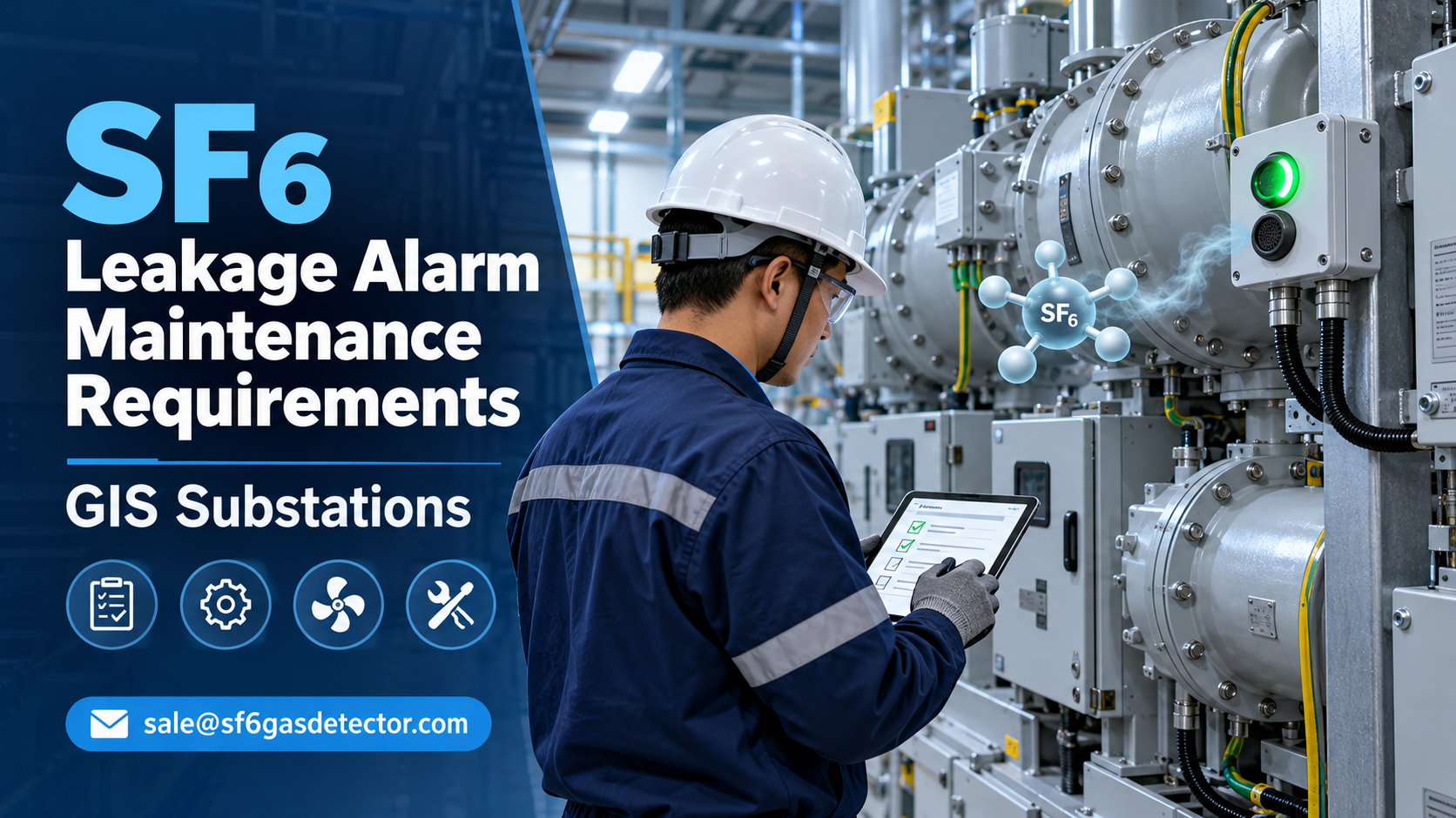 Technician inspects SF6 leakage alarm equipment in a GIS substation.